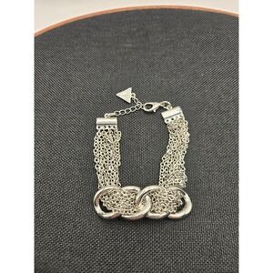 Guess Silver Tone Multi Strand Chain Link Bracelet Adjustable Logo Charm